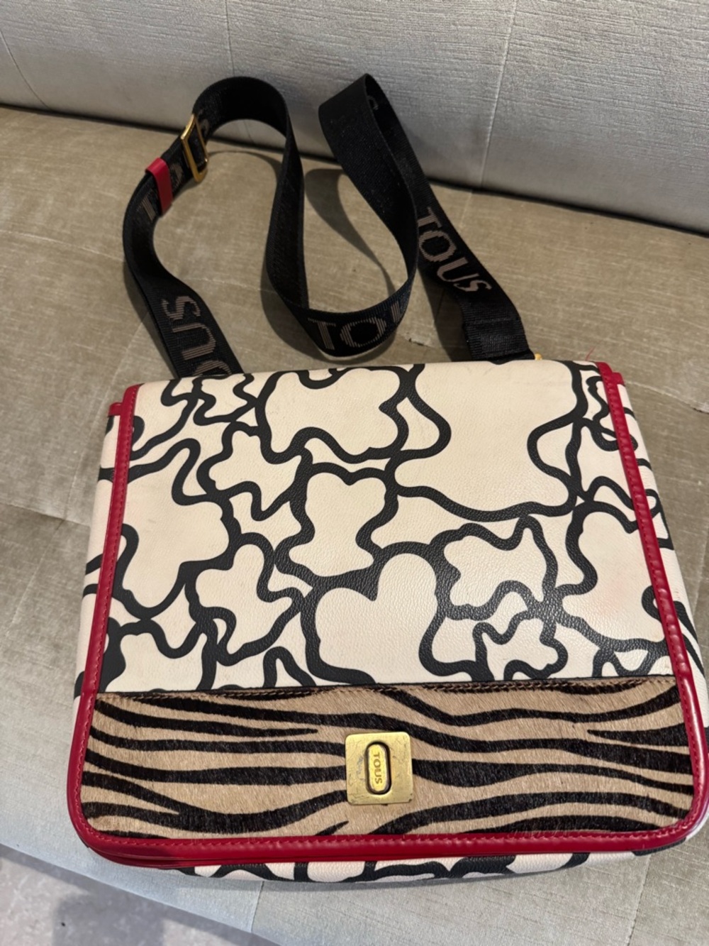 TOUS Black & White Abstract Crossbody Bag with Red Trim